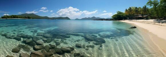 paradijs eilanden geopenbaard in een betoverend hoog resolutie strand panorama ai gegenereerd foto