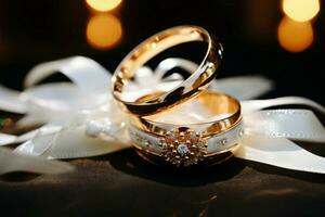 detailopname foto van bruiloft ringen in zilver en goud, omringd door oogverblindend bokeh ai gegenereerd