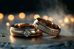 een duo van sprankelend verloving en bruiloft ringen Aan een vaag achtergrond ai gegenereerd foto