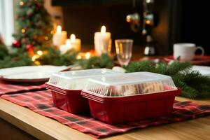 moeiteloos vakantie dining heet bestellingen in beschikbaar plastic dozen, te midden van Kerstmis decor ai gegenereerd foto