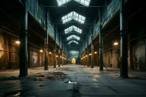 fantasie interieur tafereel binnen een verlaten industrieel gebouw, oproepen tot een mysterieus atmosfeer ai gegenereerd foto
