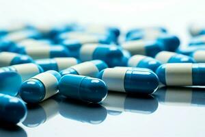 globaal Gezondheid concept blauw en wit pillen Aan een wit achtergrond ai gegenereerd foto