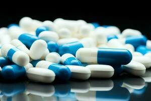 globaal gezondheidszorg gesymboliseerd door een stack van blauw en wit pillen ai gegenereerd foto