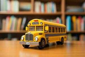 een miniatuur school- bus rust Aan een houten tafel, symboliseert onderwijs en vervoer ai gegenereerd foto