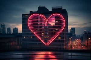 liefde gesymboliseerd door een rood hart neon teken tegen de stadsgezicht backdrop ai gegenereerd foto