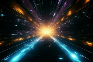 een ruimteschepen tunnel, gesluierd in duisternis, verlichte door glinsterend, leidend lijnen ai gegenereerd foto