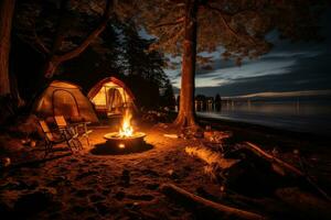 camping in de strand in de ochtend- visie reclame landschap fotografie ai gegenereerd foto