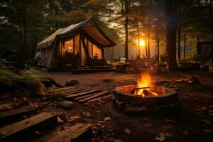 camping in de strand in de ochtend- visie reclame landschap fotografie ai gegenereerd foto