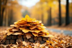 stapel van bladeren vallen in herfst seizoen ai generatief foto