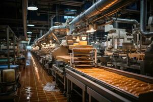 foto van binnen voedsel fabriek lijn productie visie ai gegenereerd