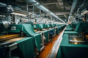 foto van binnen textiel fabriek lijn productie visie ai gegenereerd