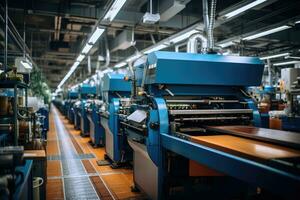 foto van binnen textiel fabriek lijn productie visie ai gegenereerd