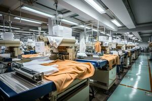 foto van binnen textiel fabriek lijn productie visie ai gegenereerd