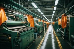 foto van binnen textiel fabriek lijn productie visie ai gegenereerd