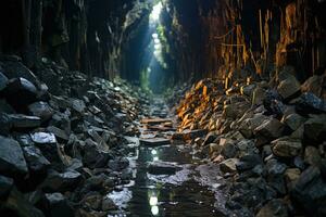 donker de mijne tunnels waar Kristallen verschijnen Aan de oppervlakte professioneel reclame fotografie ai gegenereerd foto