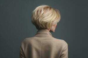 Dames kort blond kapsel kijken van terug professioneel reclame fotografie ai gegenereerd foto