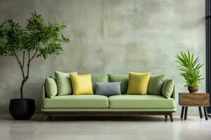 groen sofa en wit muur in modern leven kamer professioneel reclame fotografie ai gegenereerd foto