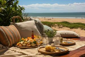 picknick Aan de tapijt strand visie professioneel reclame fotografie ai gegenereerd foto