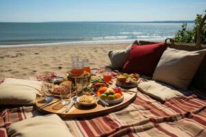 picknick Aan de tapijt strand visie professioneel reclame fotografie ai gegenereerd foto