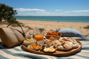 picknick Aan de tapijt strand visie professioneel reclame fotografie ai gegenereerd foto