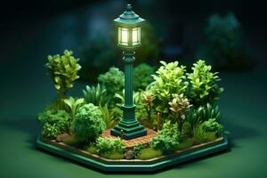 klein schattig isometrische tuin lamp post zacht glad verlichting ai gegenereerd foto