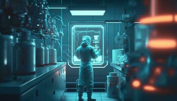 steriel hoog precisie fabricage laboratorium waar wetenschappers in beschermend overall beurt Aan machines, aan het doen farmacie, biotechnologie halfgeleider Onderzoek. generatief ai foto