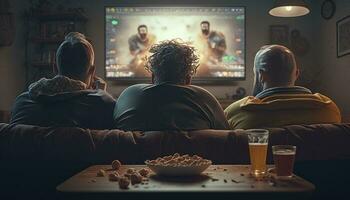 nacht Bij huis. drie voetbal fans zittend Aan een bankstel kijk maar spel Aan TV, online inzet, vieren zege wanneer sport- team wint. vrienden juichen eten hapjes, kijk maar Amerikaans voetbal Speel. generatief ai foto