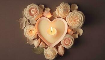 Valentijnsdag dag achtergrond met kaarslicht roos hart kaart, kopiëren ruimte, vlak leggen, top visie. pale roze rozen zijn geregeld in de vorm van een hart. Daar zijn roos bloemblaadjes allemaal in de omgeving van. generatief ai foto
