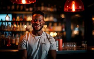 glimlachen zwart barman ontspannende achter de bar. alcoholisch drank voorbereiding. generatief ai foto