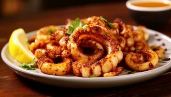 gegrild calamares in restaurant met olijf- olie, citroen, sausen en kruiden, ai gegenereerd foto