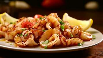gegrild calamares in restaurant met olijf- olie, citroen, sausen en kruiden, ai gegenereerd foto