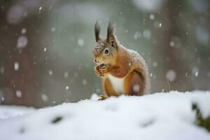 rood eekhoorn in de vallend sneeuw. schattig eekhoorn zittend in de sneeuw gedekt met sneeuwvlokken. winter achtergrond. generatief ai foto