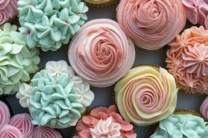 structuur van cupcakes. dichtbij omhoog pastel cupcakes nagerecht. zoet achtergrond. generatief ai foto