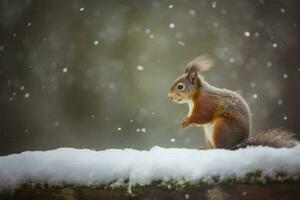 rood eekhoorn in de vallend sneeuw. schattig eekhoorn zittend in de sneeuw gedekt met sneeuwvlokken. winter achtergrond. generatief ai foto