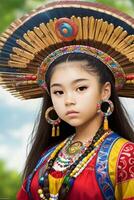 mooi spaans erfgoed meisje, vieren cultuur vrouw traditioneel jurk met verzinnen, ai generatief foto