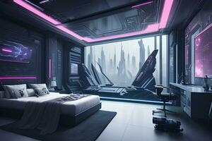 futuristische hoog tech luxe cyberpunk sci fi leven kamer modern interieur slaapkamer, ai generatief foto