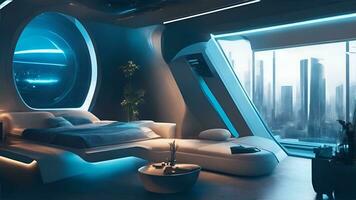 futuristische hoog tech luxe cyberpunk sci fi leven kamer modern interieur slaapkamer, ai generatief foto