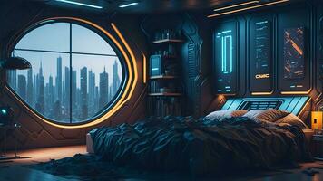futuristische hoog tech luxe cyberpunk sci fi leven kamer modern interieur slaapkamer, ai generatief foto
