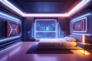 futuristische hoog tech luxe cyberpunk sci fi leven kamer modern interieur slaapkamer, ai generatief foto