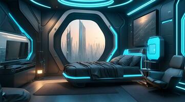 futuristische hoog tech luxe cyberpunk sci fi leven kamer modern interieur slaapkamer, ai generatief foto