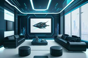 futuristische hoog tech luxe cyberpunk sci fi leven kamer modern interieur slaapkamer, ai generatief foto