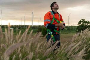 portret van slim ingenieur met beschermend helm Bij elektrisch turbines veld- foto