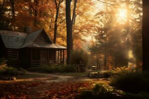 zonsopkomst over- een Woud landschap met herfst gebladerte ai generatief foto