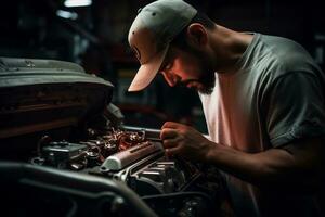 geschoold monteur werken in automotive reparatie winkel ai generatief foto