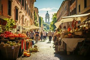 een foto van een bruisend straat markt in Rome ai generatief