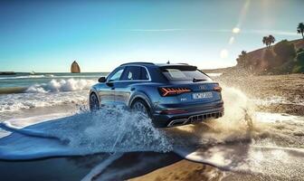 compact suv auto en modern ontwerp Aan beton weg Bij de zee van mooi zonsondergang achtergrond , voorkant visie van luxe nieuw suv auto, ai generatief foto