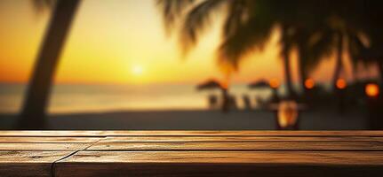 leeg houten tafel in voorkant van wazig tropisch strand Aan zonsondergang avond. houten achtergrond in strand. ai generatief foto