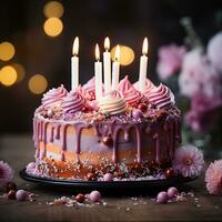 ai generatief verjaardag taart met kaarsen Aan vervagen achtergrond foto