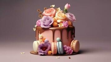 ai generatief verjaardag taart met kaarsen Aan vervagen achtergrond foto
