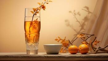 caras ionut gestileerd Vietnamees vloeistof in licht oranje met ijspunk bladeren ai gegenereerd foto